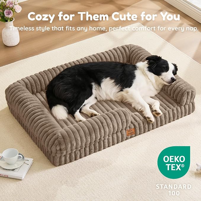 ChiXnuggle Faux Fur Orthopedic Dog Bolster Bed, Waterproof Washable Cover | rectangular dog sofa couch,egg crate foam,non-slip bottom,for extra large dogs,taupe,41*30*7 - Image 8