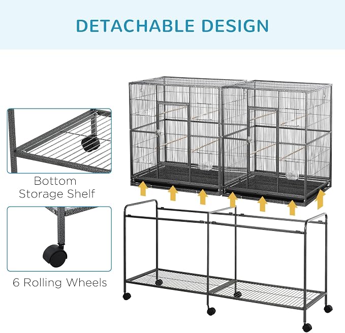 PawHut 65" Double Rolling Metal Bird Cage with Divider, Large Parrot Cage for Parakeet, Canaries, Lovebirds, Budgie, Finch, with Detachable Rolling Stand, Storage Shelf, Wood Perch & Food Container | for Parakeet, Canaries, Lovebirds, Budgie, Finch, De... - Image 5