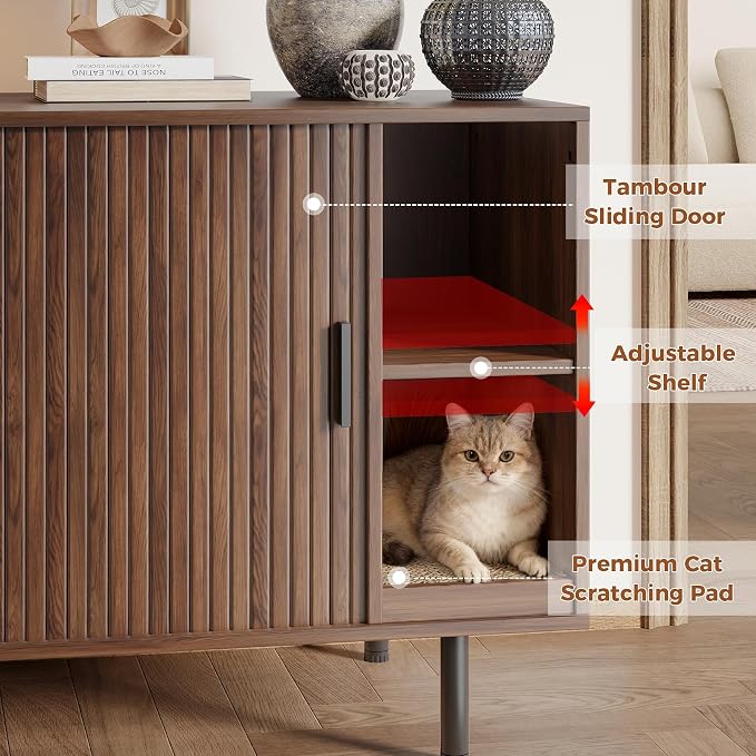 Cat Litter Box Enclosure with Scratch Pad, Large Hidden Litter Box Enclosure Furniture for self-Cleaning Litter Boxes, Sliding Door, Adjustable Shelf for Dog Proof, Modern Indoor Cat House, Walnut - Image 5