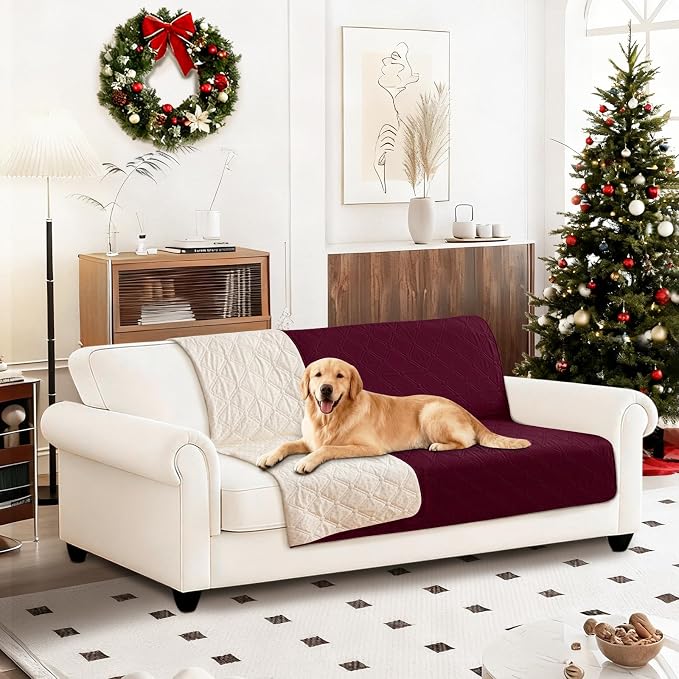 Waterproof Dog Blanket, Non-Slip Soft Pet Bed Cover, Couch Cover for Dogs Washable, Protects Sofa, Furniture, Crate, Car, Tear Resistant Leakproof Pet Blanket Christmas (52x82 Inch, Burgundy) by CYCMACOHOME