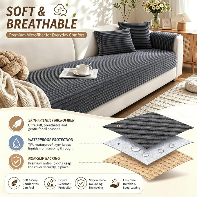 Waterproof Couch Cover for Dogs, Sofa Covers Washable & Non-Slip, Soft Dog Bed Blanket Protector for Sectional, Loveseat, Living Room Furniture (Dark Gray, 35.43"x 82.7" 1 Pack) - Image 2