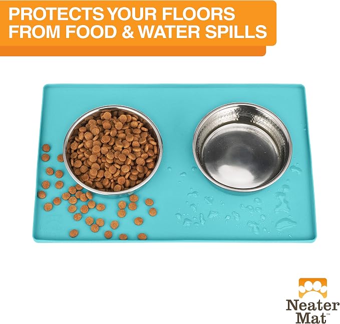 Neater Pet Brands Neater Mat Pet Mats for Food and Water, Cat & Dog Bowl Mat Waterproof Silicone, Feeding Tray, Dog Food Mats for Floors, Placemat w/Raised Edge for Under Bowls, 16” x 10”, Aquamarine - Image 2