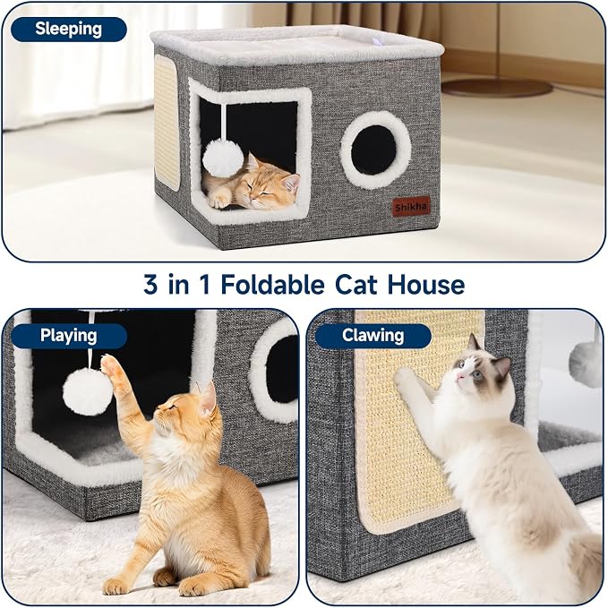 Shikha Cat House Bed for Indoor Cats with Fluffy Ball and Scratch Pad Grey | Foldable Large Cat Cave Hideaway with Cozy Condo, Hide and Seek Window, Holds Up to 30LBS, All Season Reversible Cushion - Image 5