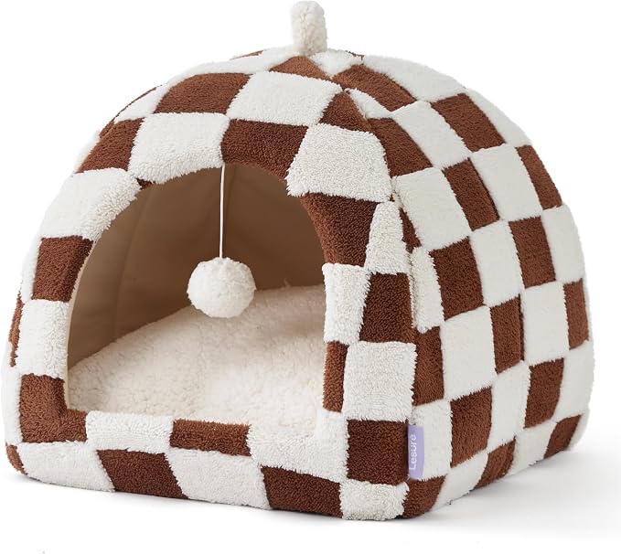 Lesure 2in1 Cute Cat House for Kitten with Washable Cushioned Pillow,17.3in | Cat Beds for Indoor Cats,Small Pet Cave Tent,Cozy Enclosed Foldable Hideaway,Fluffy Ball,Anti Slip Bottom,Hand Strap,Brown - Image 6