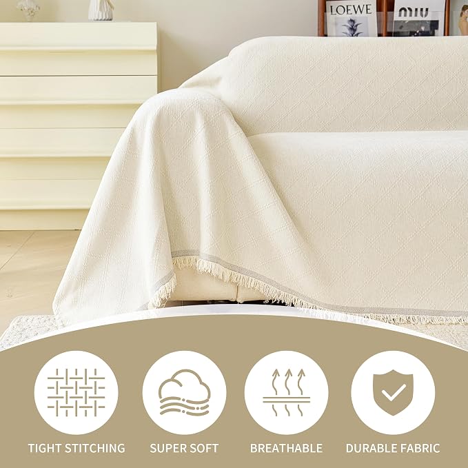 VANJOROY Beige Couch Chair Cover, Armchair for 1 Cushion Couch, Washable Chenille White Sofa Cover Protector Soft Sofa Slipcovers for Pets Dog with Tassel,71"x 91" - Image 2