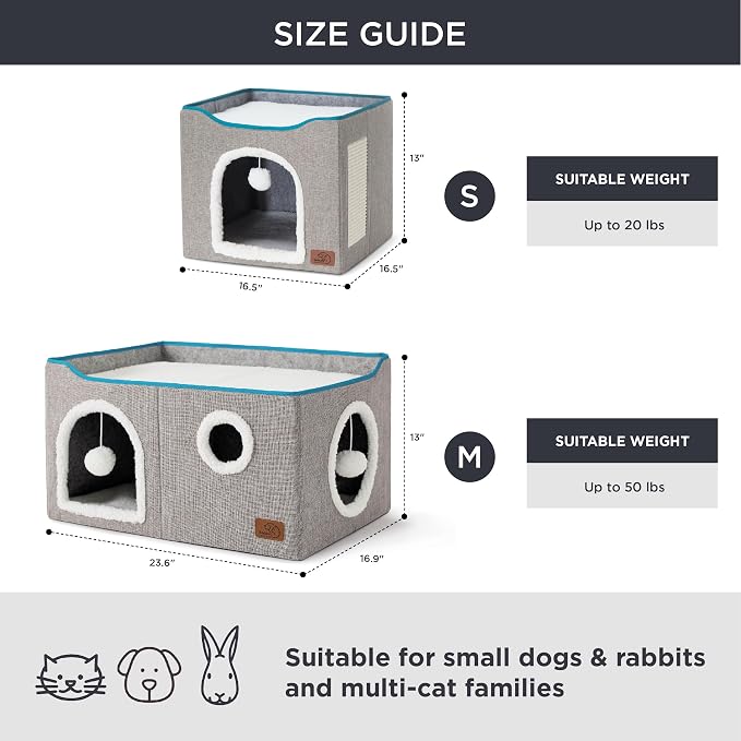 Bedsure Extra Wide Cat House Bed with Fluffy Ball and Scratch Pad,Grey | 23.6x16.9x13 in,Indoor Cat Cave for Multiple Pets, Foldable Cat Hideway Cube for Sleeping Large Cat and Kitten - Image 6