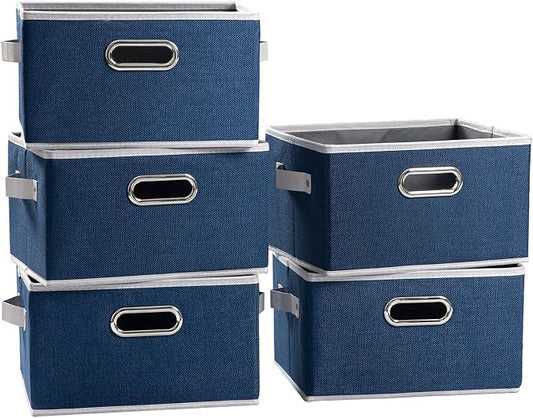 PRANDOM Large Collapsible Storage Baskets for Closet [5-pack] Decorative Fabric Storage Bins Cubes with Leather/Metal Handles for Shelves Bedroom Living Room Royal Blue (14.9x9.8x8.3 Inch) by Prandom