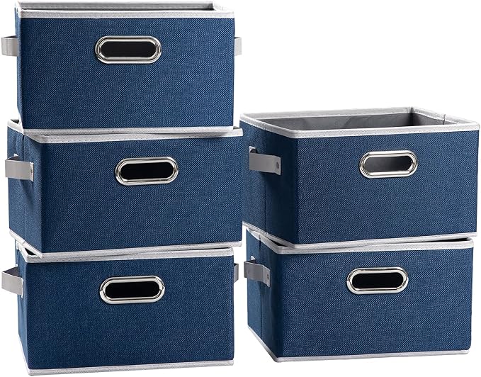 PRANDOM Fodable Storage Baskets for Closet [5-pack] Decorative Fabric Storage Bins Cubes with Leather/Metal Handles for Shelves Bedroom Living Room Royal Blue (11.5x8.5x6.7 Inch) by Prandom