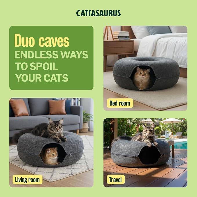 Cattasaurus Peekaboo Cat Cave Duo Jumbo Set, Extra Spacious Cat Donut for Multiple & Large Kitty 15+ lbs, Scratch Detachable Cat Beds for Indoor Cats, Washable Cat Tunnel Bed, Best Kitten Toys - Image 3