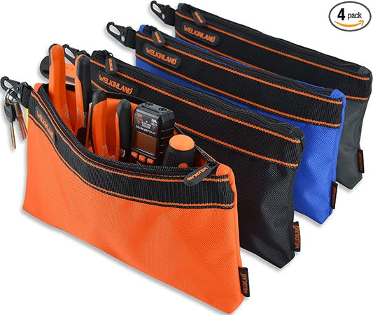 WELKINLAND 4-Packs Small tool pouch, Heavy-Duty Tool pouches, Electrician tools pouch bag, Tools pouches w/clip, Small Zippered tool bag by WELKINLAND