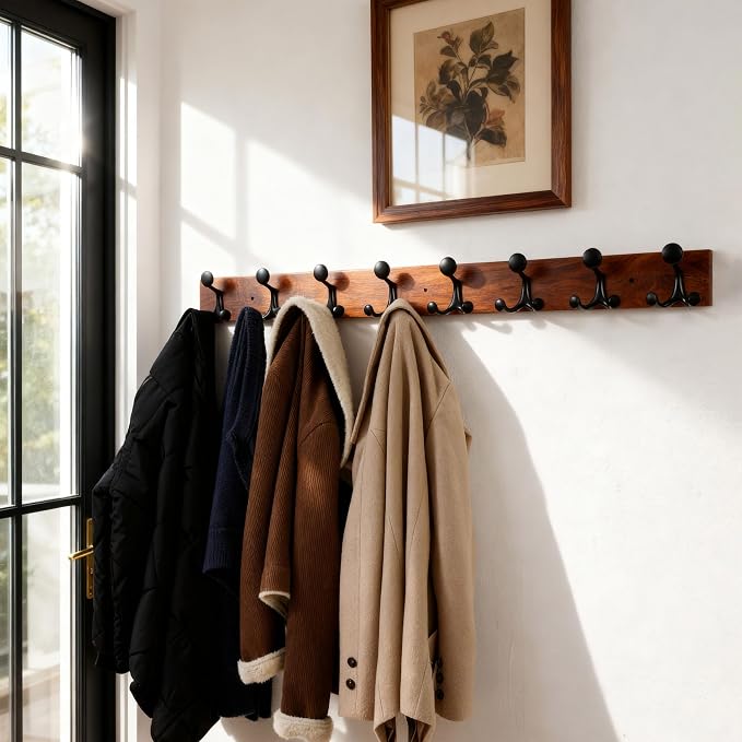 SKOLOO 43-Inch Wood Coat Rack Wall Mount with 8 Triple Hooks - Ideal for Family Entrances, Classrooms, and Pet Supplies Storage - Perfect Coat Hooks for Wall,Mahogany (Sapele), Pack of 2 - Image 3