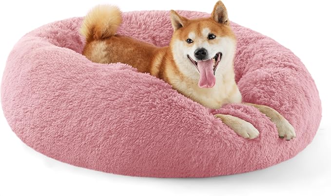 Bedsure Calming Dog Bed Medium Size Dog Donut Washable Pet Bed,30ins | Fluffy Faux Fur Round Cuddler,Machine Washable,Anti-Slip Bottom,Anti-Anxiety,Deep Sleeping for Pets Up to 45 Lbs,Mauve Blush by Unknown