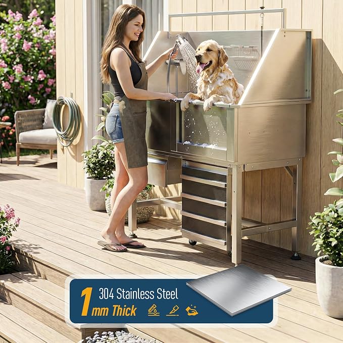 Professional Dog Washing Station, 46 Inch 304 Stainless Steel Pet Grooming Tub with Side-Mounted Faucet, Telescopic Ramp & Storage Drawer for Large & Senior Dogs, Outdoor Raised Sink (46" Right Ramp) - Image 5