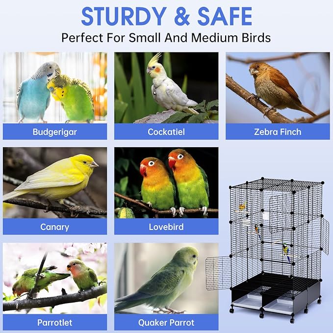 Flight Bird Cage with Wheels, Large Metal Parakeet Cage with Slide-Out Trays, Perches, Bowls & Bird Toys, Indoor Bird Cage for Cockatiel, Budgie, Lovebird, Finch & Small Birds, 25.5"L x 25.5"W x 46"H - Image 6
