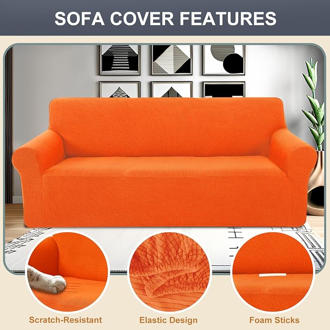 Stretch Oversized Sofa Couch Cover Washable Slipcover, Orange | 1-Piece X-large Sofa Cover For 3 Cushion,Furniture Protector Couch Cover For Dogs, Polyester Spandex Jacquard fabric - Image 3