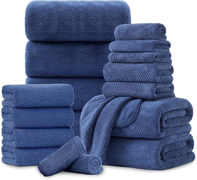 18 Piece Microfiber Bath Towels Set - 6 Bath Sheets,6 Hand Towels And 6 Washcloths,Soft Family Towels,Highly Absorbent Bathroom Towel,Quick Dry Shower Towel Luxury Towels For Hotel Spa Dorm-Navy Blue by FerdilanUS