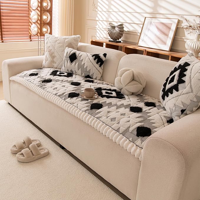 STACYPIK Boho Geometric Black Couch Cover for Dogs, Soft Plush Retro Sofa Cover for 2 Cushion Couch Washable, Non-slip Pet Sofa Protector for Couches, Thickened Sectional Loverseat Bed Mat-27.6X59.1IN - Image 8