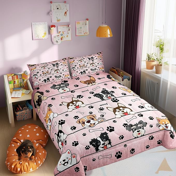 Manfei Black Paw Bone Print Pink Bedding Set for Boys Girls,Cartoon Puppy Pet Animals All Season Cozy Comforter Set Full Size,Cute Dog Duvet Set Bedroom Decor,Personalized Birthday Gifts - Image 2
