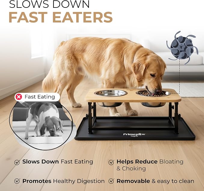 Adjustable Raised Dog Bowls – Elevated Dog Bowl Stand with Bamboo Stand, 2 Stainless Steel Bowls, Slow Feeder Insert & Silicone Mat – Dog Bowls with Stand for Small & Medium Dogs - Image 3