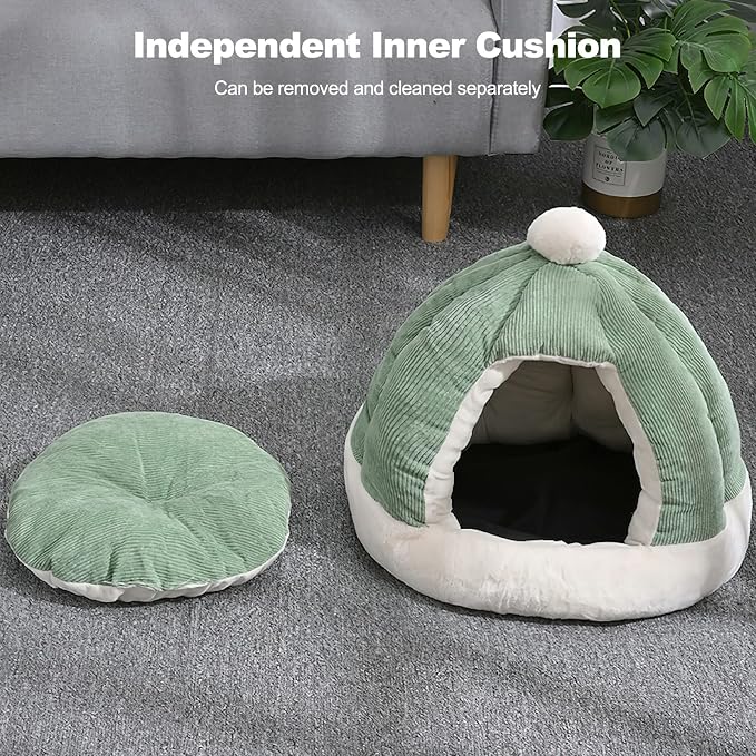 Cat Cave Bed, Cat Tent Bed House with Removable Washable Cushion, Soft Plush Cat Igloo Bed, Improve Sleep, Pet Bed for Kitten and Puppy(M, Green) - Image 3