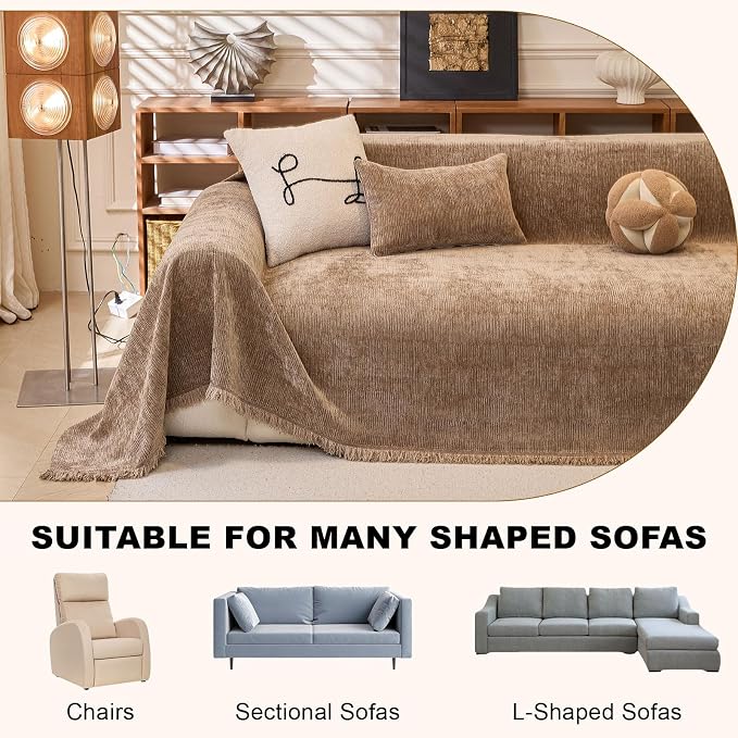 Solid Brown Chenille Sofa Cover for 3-4 Cushion Couch, Tassel Design | Boho Chenille Couch Throw Cover for Cat Proof Multifunctional Anti-slip Furniture Protector for Pets,Sofas, XX-Large - Image 3