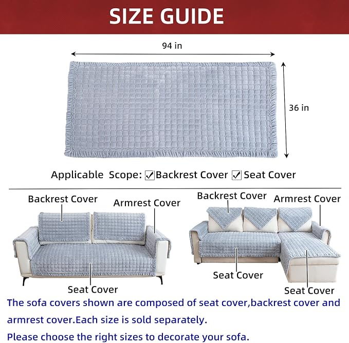 Couch Cover - Non Slip Velvet Sofa Covers for 3 Cushion L Shaped Couch, Washable, Gray, 36''x94'' - Image 3