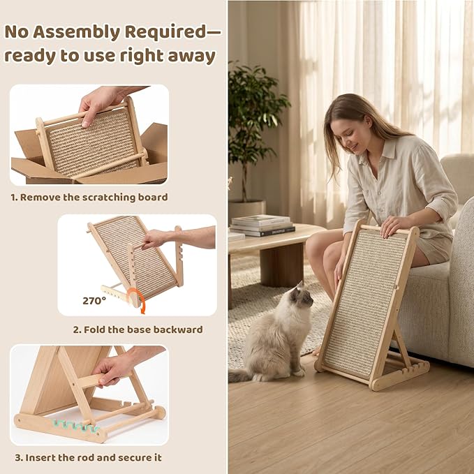 XiaZ Sisal Cat Scratcher, 31" Wooden Cat Scratching Board with 5 Adjustable Heights, Replaceable Sisal Mat and Angled Scratch Pad for Indoor Cats, Ready to Use, No Assembly Required - Image 2