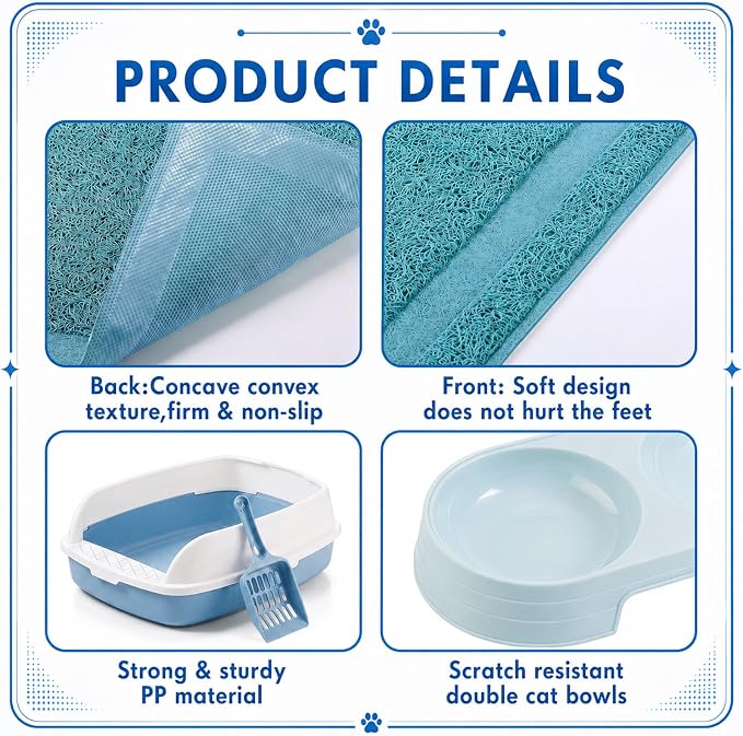 Sliner Kitten Litter Box Low Entry Starter Kit – 7pcs Set with 2 Litter Boxes, 2 Bowls, Scoop & Waterproof Mat, High Sided Cat Toilet for Small Kittens up to 6.6lb (Blue) - Image 3