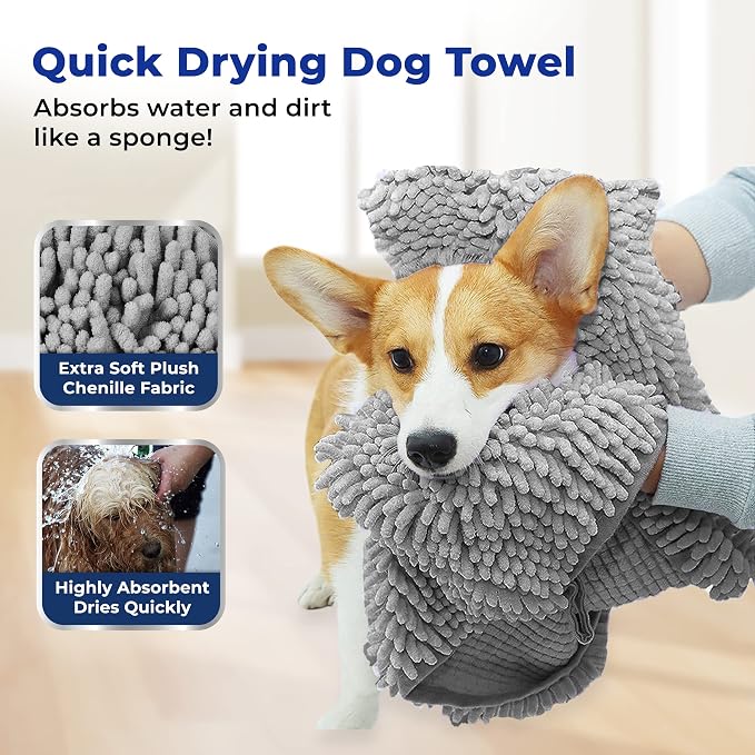 Muddy Mat Doggy Dryer, Highly Absorbent Microfiber Washable Dog Shammy Quick Drying Towel Absorber - Extra Soft Plush Wrap Chenille Bath Towels to Dry Soggy Large Pets & Small Puppy-Grey 13"x31" - Image 2
