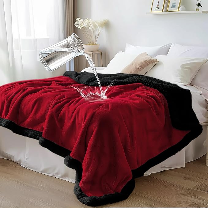 Waterproof Queen Size Blanket - Sherpa Fleece Reversible Throw, Soft Warm Leak-Proof Bed & Couch Protector for Kids, Pets & Everyday Spills (Velvet Red/Obsidian Black, Queen 90x90) by BeddingAid
