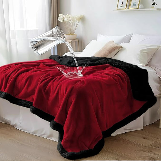 Waterproof Queen Size Blanket - Sherpa Fleece Reversible Throw, Soft Warm Leak-Proof Bed & Couch Protector for Kids, Pets & Everyday Spills (Velvet Red/Obsidian Black, Queen 90x90) by BeddingAid