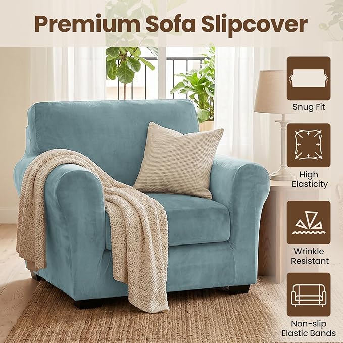 XINEAGE 2-Piece Velvet Armchair Sofa Cover, Couch Covers for Dog,Gray Blue | 1 Cushion Chair,Stretch Non-slip Elastic, Pet-friendly, Washable, Fast Setup, Soft Plush Fabric, Furniture Protector. - Image 2