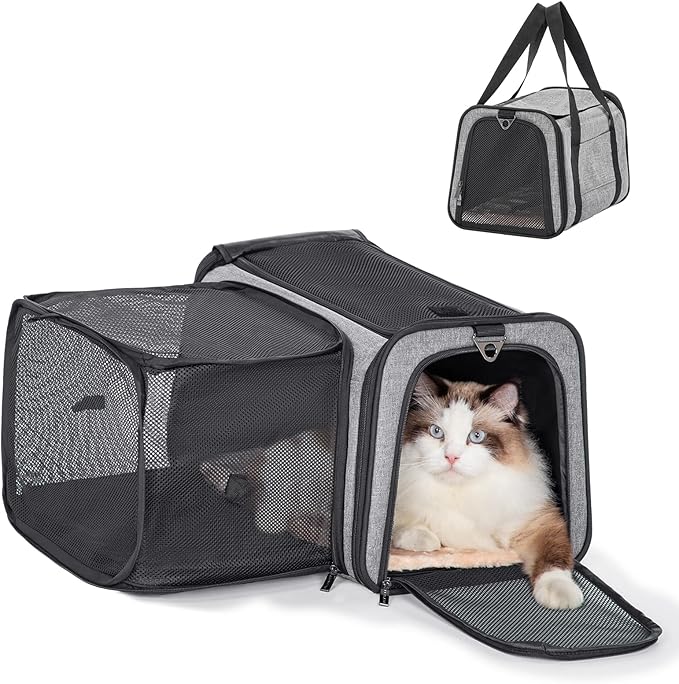 Petsfit Cat Carrier Airline Approved, 17 X11 X11 Soft-Sided Pet Carrier for Medium Cat/Small Dog with Extra Relax Space, Pet Privacy Protection, Fit for Travel, Gray