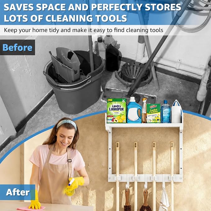 Mop Broom Holder Wall Mount with Top Shelf, Broom Organizer Wall Mount | 15inch,Mop Broom Wall Hanging Heavy Duty Tools Storage Rack Space-Saving for Garage,Kitchen,Laundry Room - Image 5