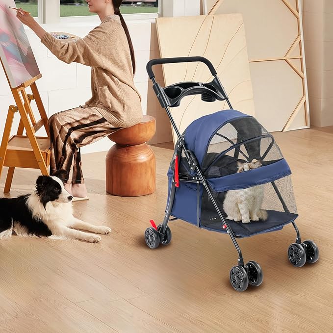 Dog Stroller with Casters, 40LBS Capacity Foldable Cat Pet Stroller with Storage Basket&Cup Holder, Foam Handle, Steel Frame for Small Medium Dogs Cats(Blue)