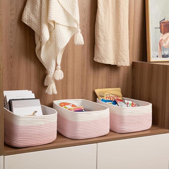 OIASKET Storage Baskets for Organizing 3 Pack, Woven Baskets for Shelves, | Closet Organizer Bins with Handle, Empty Gift Basket, Toy Storage for Toys, Blankets, Towels, Clothes, Books, 15"x11.42"x6.7" - Image 5