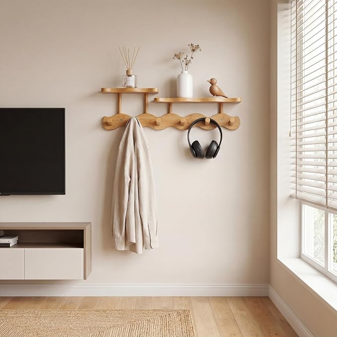 Wave-Shaped Bamboo Coat Rack Wall Mount with Shelf - Modern 6-Hook Rack | Modern Sculptural Wave Decor, Organic Wood Wall Organizer with Storage Shelf, Eco-Friendly Coat Rack for Hanging Bags, Keys - Image 7