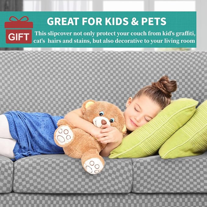 YEMYHOM Latest Checkered 4 Pieces Couch Covers for 3 Cushion Couch High Stretch Thickened Sofa Cover for Dogs Living Room Anti Slip Elastic Slipcovers (Light Gray Checkered), 71"-91"(3 Cushions) - Image 3