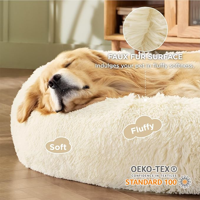 Bedsure Calming XL Dog Bed Donut Washable Extra Large Pet Bed,45ins | Fluffy Faux Fur Round Cuddler,Machine Washable,Anti-Slip Bottom,Anti-Anxiety,Deep Sleeping for Pets Up to 120 Lbs,Ivory Beige - Image 2