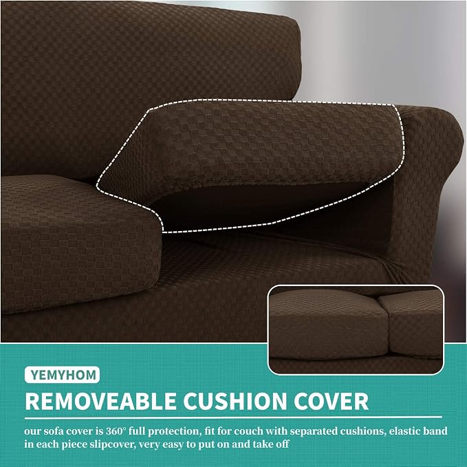 YEMYHOM Latest Checkered 3 Pieces Couch Covers for 2 Cushion Couch High Stretch Sofa Cover with 2 Extra Large Seat Cushion Covers Anti Slip Elastic Slipcovers (Dark Coffee), 71"-91"(2 Cushions) - Image 4