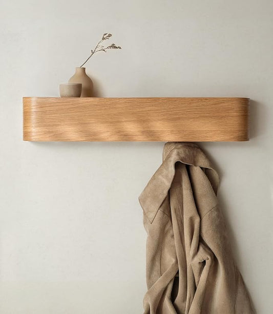 Kazai. Wall-Mounted Coat Rack 'Toke' - Modern Design Coat Rack with Hidden Wall Hooks - Solid Wood Veneer Panel Coat Hanger - Oak by KAZAI