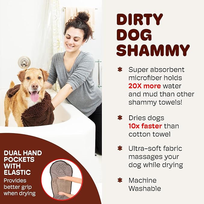 Dog Gone Smart The Dirty Dog Shammy - 2-Pack, Antimicrobial Microfiber Dog Towel for Odor Control, Fast-Drying Plush, Dual Hand Pockets & Super Absorbent, Machine Washable - 31 x 13 in, Brown - Image 6