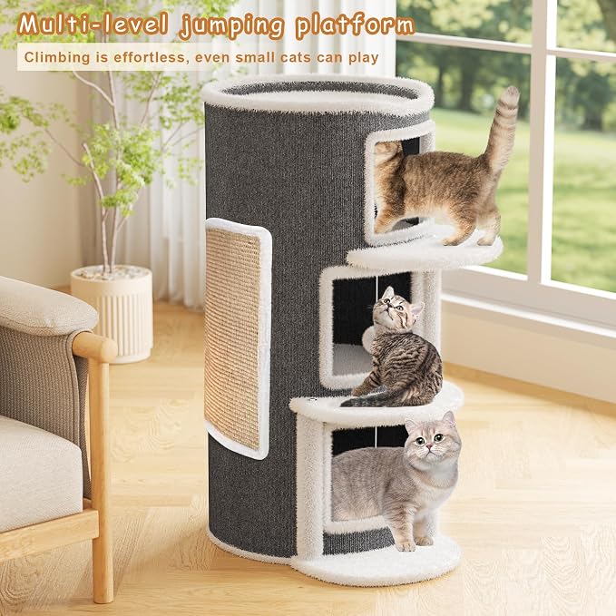 3-Storey Cat Beds for Indoor Cats House, Covered Beds & Furniture with Scratch Pad, Cat Hideaway Cave, Condo with Dangling Fluffy Balls for Multiple Kitten, Grey 15.75X15.75X35.43INCH - Image 4