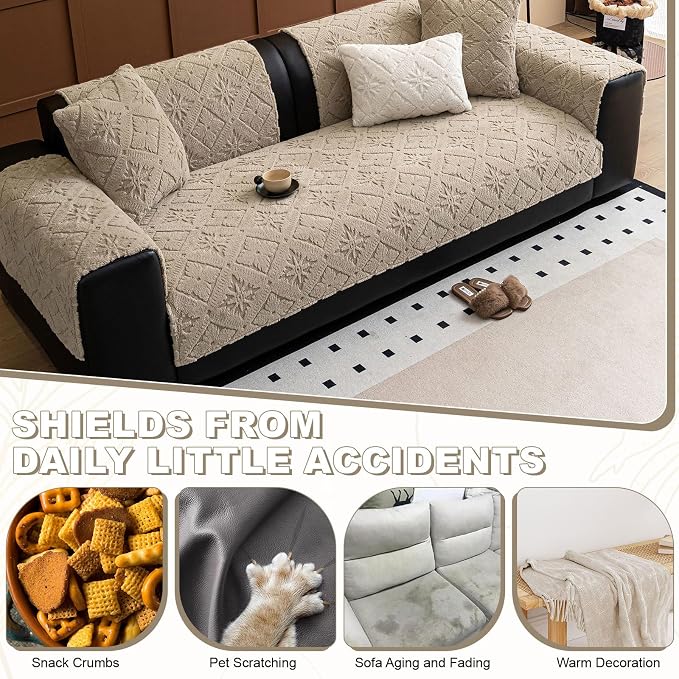 STACYPIK Thickened Soft Khaki Dogs Couch Cover, Fuzzy Loveseat Recliner L Shaped Armrest Backrest, Pet Sofa Protector for 3 Cushion Sofa, Non-Slip Cozy Plush Sofa Slipcover Washable-27.6X70.9IN - Image 5