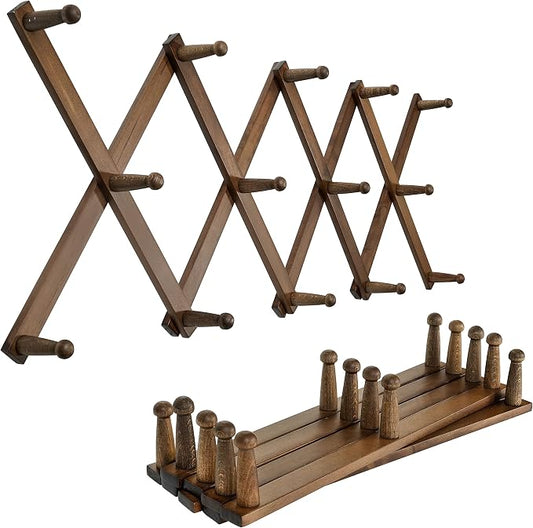 SKOLOO Hat Rack for Wall with 14 Hooks, Pack of 2, Solid Wooden, Modern, Expandable Coat Rack Wall Mount for Coats, Hats, Bags, Baseball Caps, Walnut Color by SKOLOO