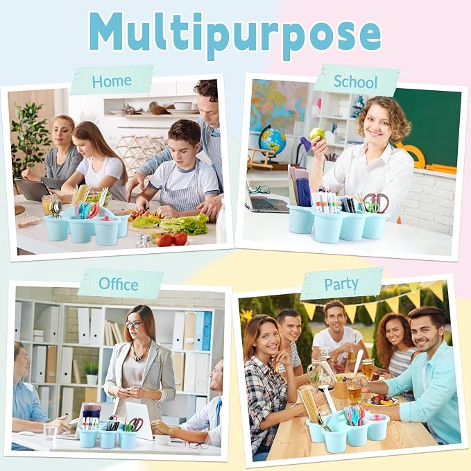 6 Pack Classroom Caddy with Handle Plastic Storage Caddy Organizer with 6 Compartments Drink Cup Caddies Holder Portable Storage Bin for Pencil, Crayon, Marker, Home Office School Supplies(Light Blue) - Image 7