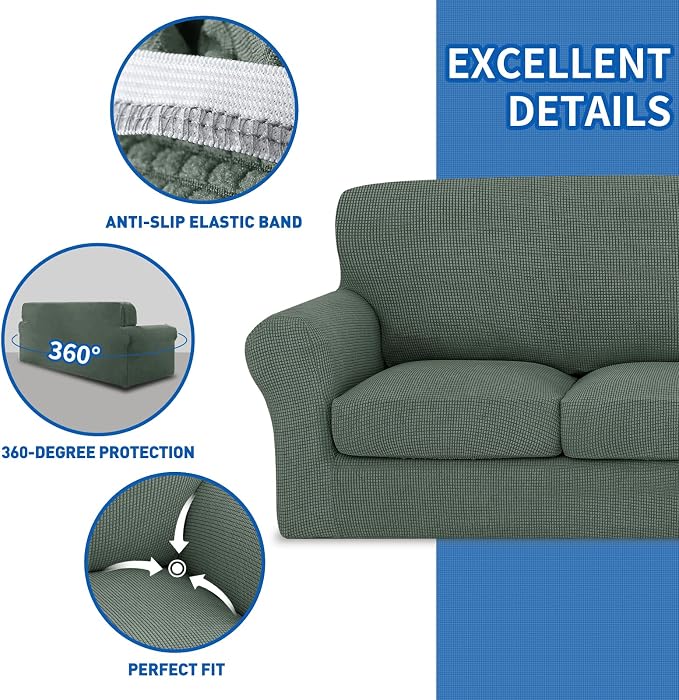 MAXIJIN 4 Piece Couch Covers for 3 Cushion Couch Super Stretch Sofa Cover for Dogs Pet Proof Fitted Furniture Protector Jacquard Non Slip Magic Couch Slipcover Washable (Extra Large, Pea Green) - Image 5