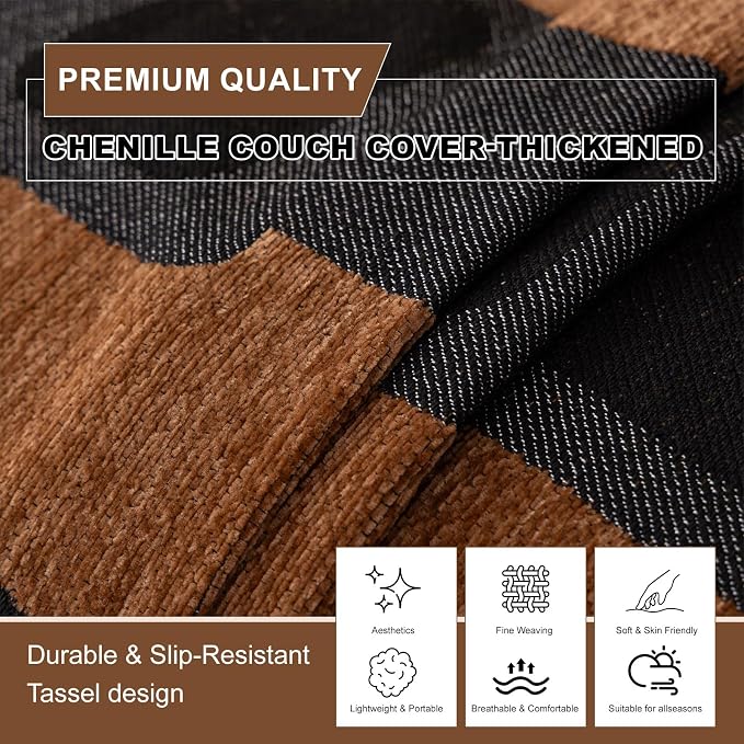 ROOMLIFE Dark Brown Couch Cover 3 Cushion Sofa, Washable Non Slip Furniture Sofa Protector Cover, Soft Chenille Sofa Slipcovers Sectional L Shape Dogs Couch Cover Throw Blanket with Tassels71''X150'' - Image 3