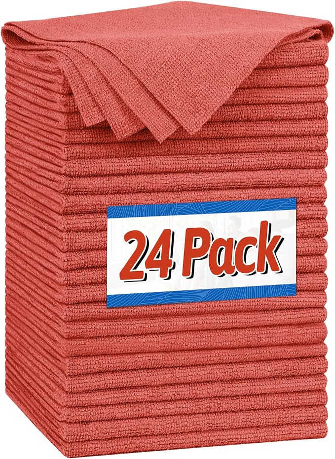 FIXSMITH Microfiber Cleaning Cloth, Shop Towels Bulk, 24 Pack Red Microfiber Towels for Cars, All-Purpose Absorbent Cleaning Rags, Dust Cloth for Automotive, Mechanic, Garage, Bar, 12 x 11 inch by FIXSMITH