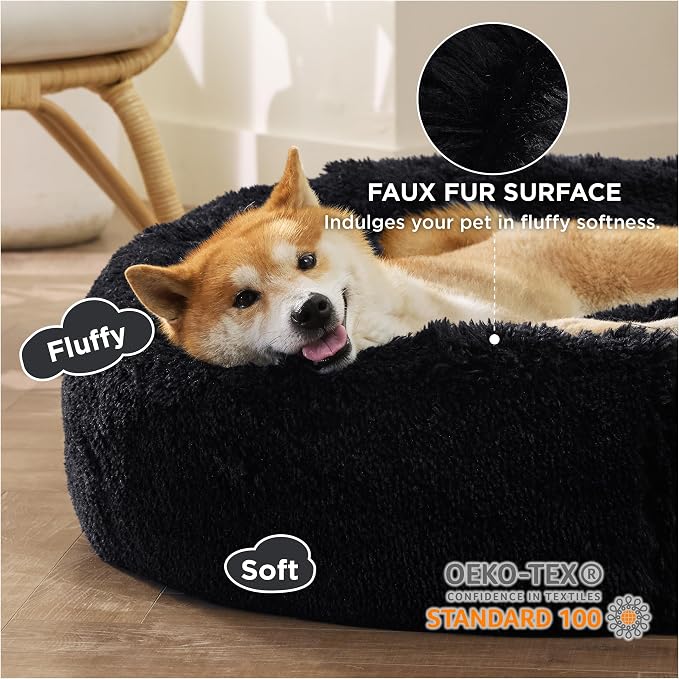 Bedsure Calming Dog Bed Medium Size Dog Donut Washable Pet Bed,30ins Black | Fluffy Faux Fur Round Cuddler,Machine Washable,Anti-Slip Bottom,Anti-Anxiety,Deep Sleeping for Pets Up to 45 Lbs - Image 2